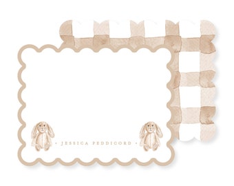 Tan and White Bunny Personalized Stationery Set; Stationery Personalized; Stationery Sets For Letter Writing; Scalloped Stationery