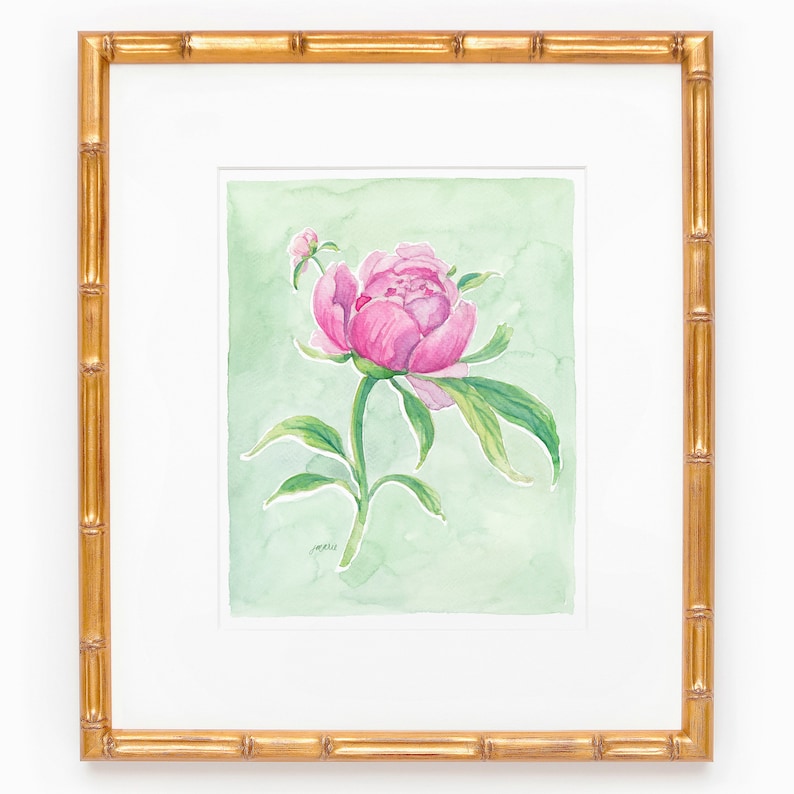 Peonies Botanical Study on Green No. 2 Art Print Watercolor Wall Art Floral Design Grandmillenial Decor image 1