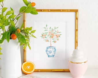 Ginger Jar Orange Tree Art Print; Watercolor Wall Art; Fruit Design; Grandmillenial Decor