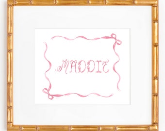 Pink Ribbons and Bows Name Watercolor Art Print; Hand Painted Wall Art; Monogram Art Print; Nursery Art Print