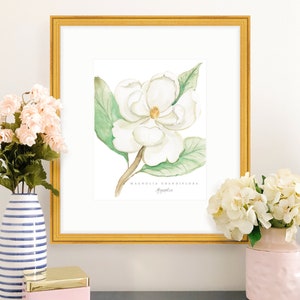 Impresión de arte floral de acuarela de Magnolia; arte de pared pintado a mano; Diseño floral; Decoración Grandmillenial