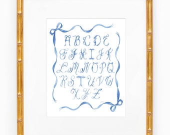 Blue Ribbons and Bows Alphabet Watercolor Art Print; Hand Painted Wall Art; Alphabet Art Print; Nursery Art Print