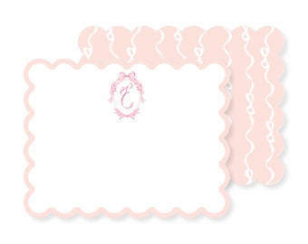 Pink Ribbons and Bows Scalloped Edge Personalized Stationery Set; Watercolor Stationery; Customizable Stationery