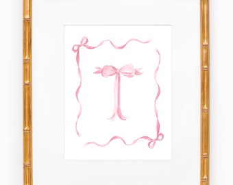 Pink Ribbons and Bows Monogram Watercolor Art Print; Hand Painted Wall Art; Monogram Art Print; Nursery Art Print