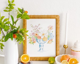 Ginger Jar with Citrus Florals Art Print; Watercolor Wall Art; Floral Design; Grandmillenial Decor