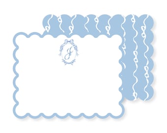 Blue Ribbons and Bows Scalloped Edge Personalized Stationery Set; Watercolor Stationery; Customizable Stationery