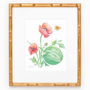 May include: Watercolor painting of a watermelon with red poppy flowers and a yellow butterfly. The painting is framed in a gold bamboo frame.