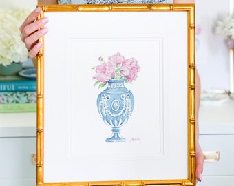 Wedgwood Vase with Peonies Art Print; Watercolor Wall Art; Floral Design; Grandmillenial Decor