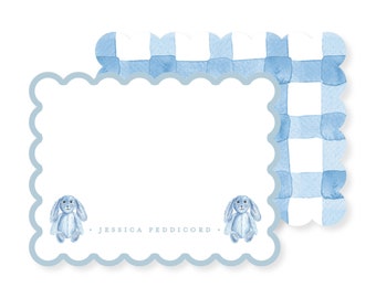 Blue and White Bunny Personalized Stationery Set; Stationery Personalized; Stationery Sets For Letter Writing; Scalloped Stationery