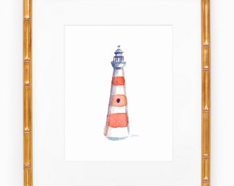 Red and White Striped Lighthouse Watercolor Art Print; Hand Painted Wall Art
