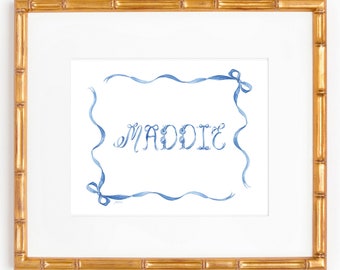 Blue Ribbons and Bows Name Watercolor Art Print; Hand Painted Wall Art; Monogram Art Print; Nursery Art Print