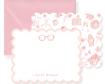 Pink Glasses Toile Personalized Stationery Set; Stationery Personalized; Stationery Sets For Letter Writing; Scalloped Stationery