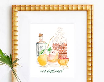 Old Fashioned Watercolor Cocktail Art Print; Bar Cart Decor; Watercolor Drink Print; Watercolor Bar Cart Painting; Cocktail Wall Art