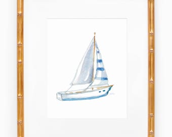 Sailboat Watercolor Art Print; Hand Painted Wall Art