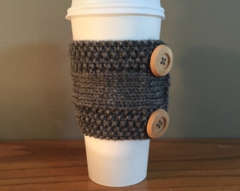 adorable handmade knitted coffee cozy with buttons (in grey)