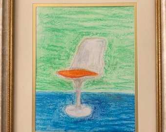 Tulip Chair Oil Pastel Drawing, Original art in vintage frame