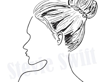 Girl With Bun, digital stamp, jpg & png, hand drawn for use in scrapbooking, card making, and other crafting fun