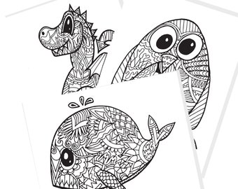 Animal Line Art Color book - DIGITAL - 10 Pages, dragon, monkey, butterfly, penguin, owl, whale, flamingo, fish, turtle,