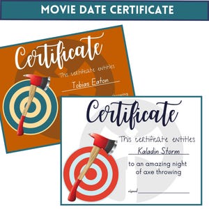 Op de afbeelding: Twee certificaten met thema's van het gooien van bijlen. Eén certificaat is oranje met een doel en een bijl, de andere is wit met een rood doel en een bijl. De tekst luidt "Certificaat" en "Filmdatumcertificaat".