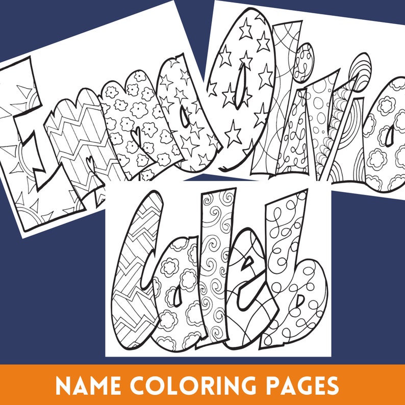 May include: Three black and white coloring pages featuring the names "Emma", "Caleb", and "Olivia" with intricate designs. Each letter is filled with different patterns and swirls, perfect for coloring.
