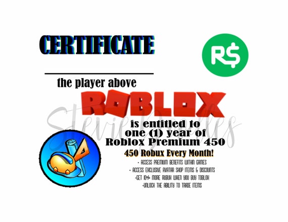 Certificate Only, ROBUX NOT INCLUDED Roblox Premium Gift Certificate,  Instantly Download & Print, Great Last Minute Gift 