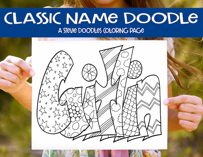 May include: A black and white coloring page featuring the name "Griffin" in a doodle style. The letters are filled with various patterns, including stars, dots, flowers, and zigzags. The page is titled "Classic Name Doodle" and "A Stevie Doodles Coloring Page".