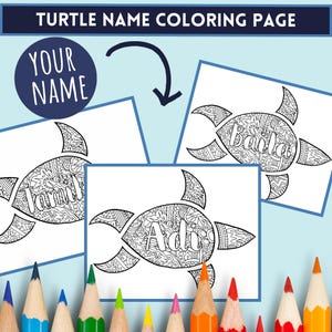 Puede incluir: Tres páginas para colorear de tortugas en blanco y negro con diseños intrincados. Cada tortuga tiene un nombre diferente escrito en su interior: "Bailee", "Addie" y "Tammi".