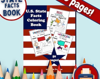 Livro de colorir digital sobre fatos dos estados dos EUA, materiais para impressão sobre estudos sociais, recursos elementares para aprender sobre estados