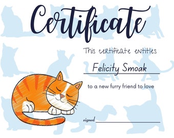 DIGITAL*** Custom Gift Certificate For Cat, Giving a Furry Friend Cat As A Gift? Print This Personalized Certificate