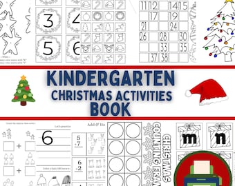 May include: A black and white printable activity book for kindergarten students featuring Christmas themes. The book includes activities such as coloring, counting, and completing patterns. The cover features the text "Kindergarten Christmas Activities Book".