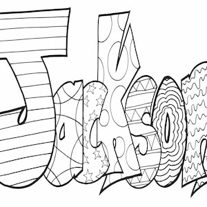 May include: A black and white coloring page featuring the name "Jackson" in a stylized font with intricate patterns and designs.