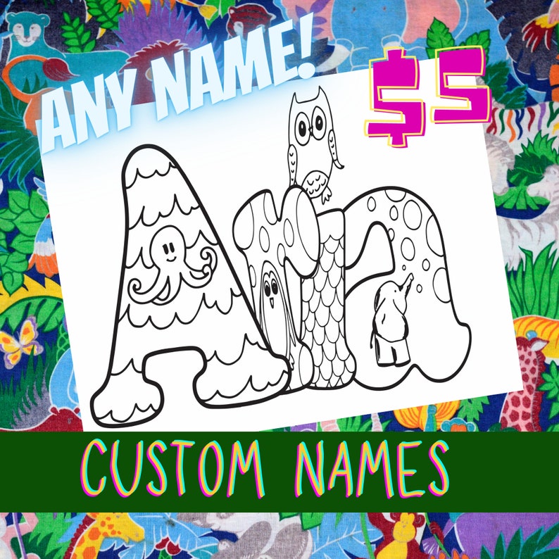 DIGITALANIMAL STYLE Name Custom Coloring Page Party Favor, Class Activity, Homeschool Art, Animal Print, Personalized image 2