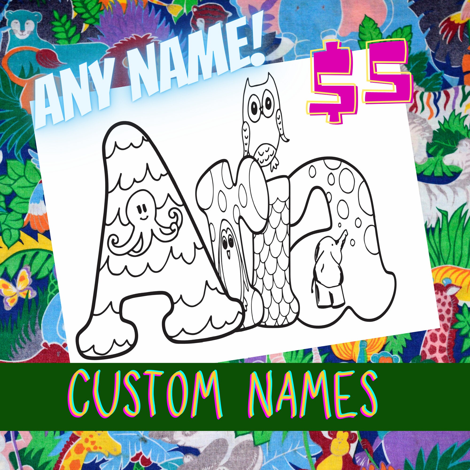 Animal Name Custom Coloring Page Party Favor Class Etsy