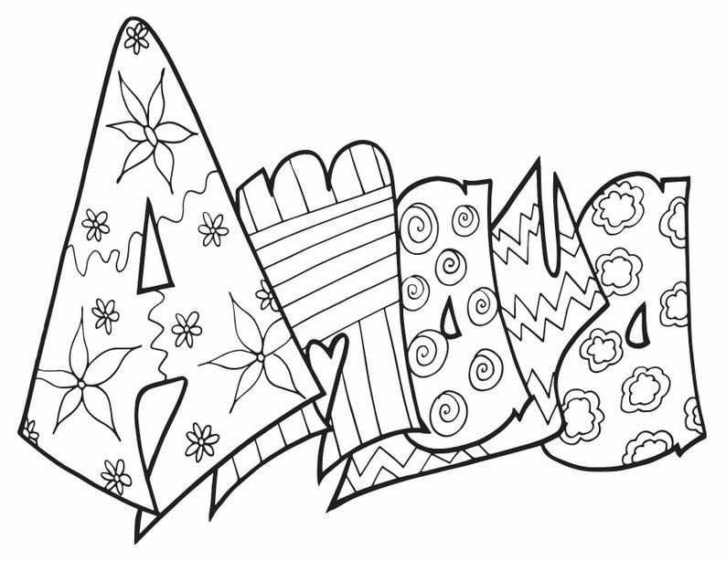 May include: A black and white line art design of the name "Anna" with different patterns and designs in each letter.