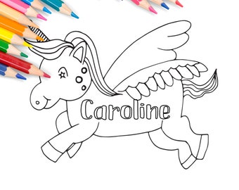 Custom Name Unicorn Coloring Page, Personalized, Digital Item, Bulk Options In Description, Gift, Party Favor, Class Activity