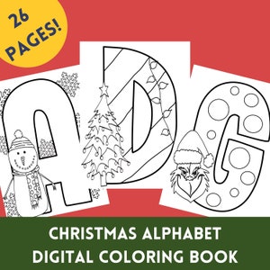 Livro para colorir de letras de Natal - um livro digital para impressão - 26 páginas para imprimir e colorir - uma página para cada letra e elementos de Natal