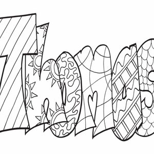May include: A black and white coloring page featuring the word "Zonas" in a stylized, decorative font. The letters are filled with intricate patterns and designs.