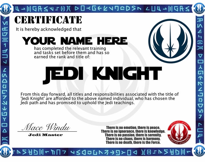 Jedi Training Certificate for Star Wars Party digital / Printable File