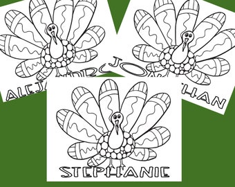 Digital * Custom Turkey Name Coloring Page, Personalized, Colorable Sheet For Kids, Thanksgiving Activity, Turkey Coloring Page