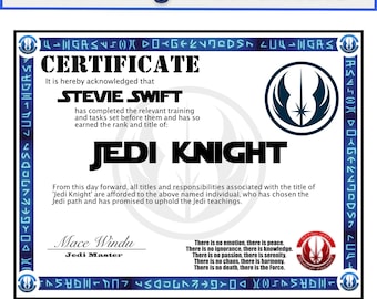 Digital* CUSTOM JEDI KNIGHT Official Certificate Signed By Mace Windu