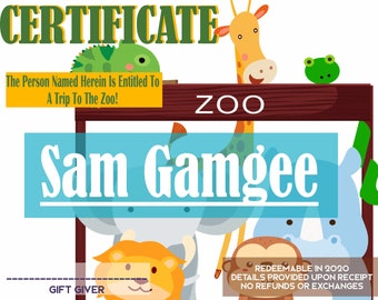 DIGITAL*** Custom Gift Certificate For A Trip To The Zoo, Name The Recipient In The Personalization