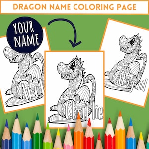 PERSONALIZED Dragon COLORING Page - Instantly Download and Print, Zentangle, Abstract, Printable, Line Art, Fantasy, Mythology