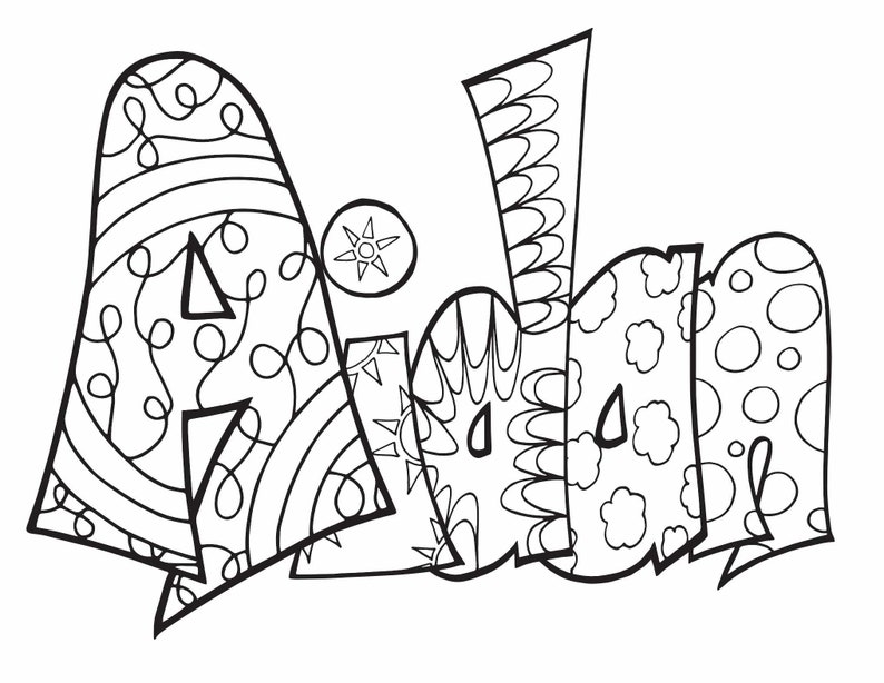 May include: A black and white coloring page featuring the name "Aidan" in a stylized, whimsical font. The letters are filled with intricate patterns and designs.