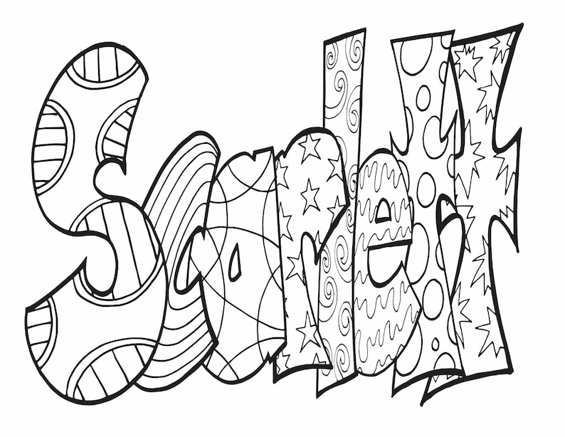 May include: A black and white coloring page featuring the name "Scarlet" in a stylized, whimsical font. The letters are decorated with various patterns, including stars, swirls, and circles.