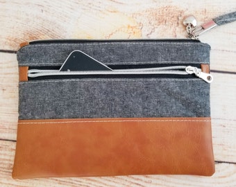 Linen Clutch Handbag with Detachable Strap,  Grey and Brown, Linen and Vegan Leather Minimalist Purse - Ready to Ship