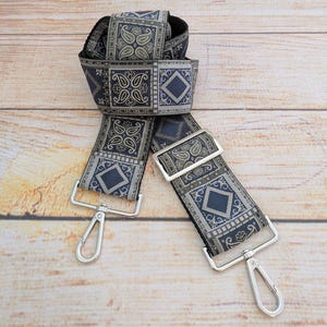 Embroidered Guitar Style Purse Strap. Navy and Grey geometric, Adjustable Crossbody Strap