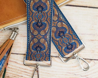 Embroidered Guitar Style Crossbody Bag Strap: Adjustable Purse Strap Vintage Blue