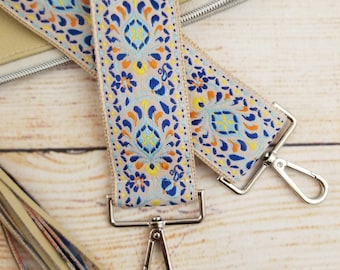 Purse Guitar Style Strap, handbag replacement strap in cream with blue and orange