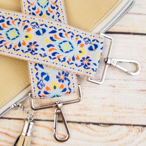Purse Guitar Strap, handbag replacement strap in cream with blue and orange