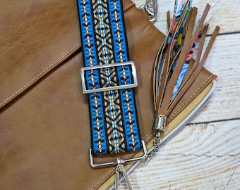 Boho Guitar Style Purse Strap - Crossbody Strap, Adjustable Strap, Replacement Strap, Blue Geometric Crossbody - Guitar Crossbody Strap